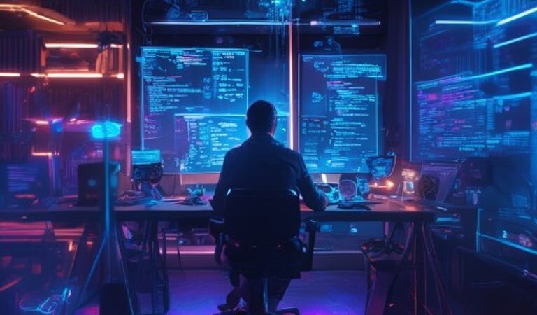 A high-tech, futuristic cinematic shot of a developer's workspace with holographic code floating in the air, neon blue and purple lighting, hyper-realistic, 8k resolution, professional lighting, showcasing the fusion of human creativity and AI coding.
