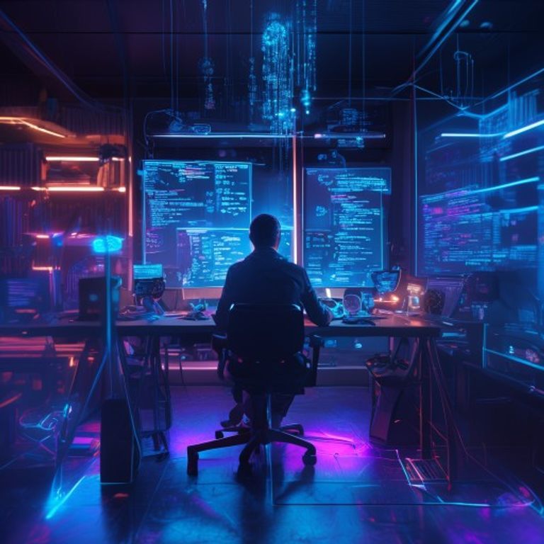 A high-tech, futuristic cinematic shot of a developer's workspace with holographic code floating in the air, neon blue and purple lighting, hyper-realistic, 8k resolution, professional lighting, showcasing the fusion of human creativity and AI coding.