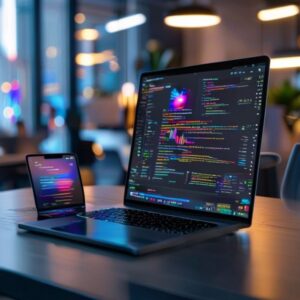 A professional high-tech workspace with a modern laptop showing a complex Flutter application code and a mobile device displaying a sleek, colorful UI design, futuristic atmosphere, soft bokeh lighting, 8k resolution, cinematic setup.