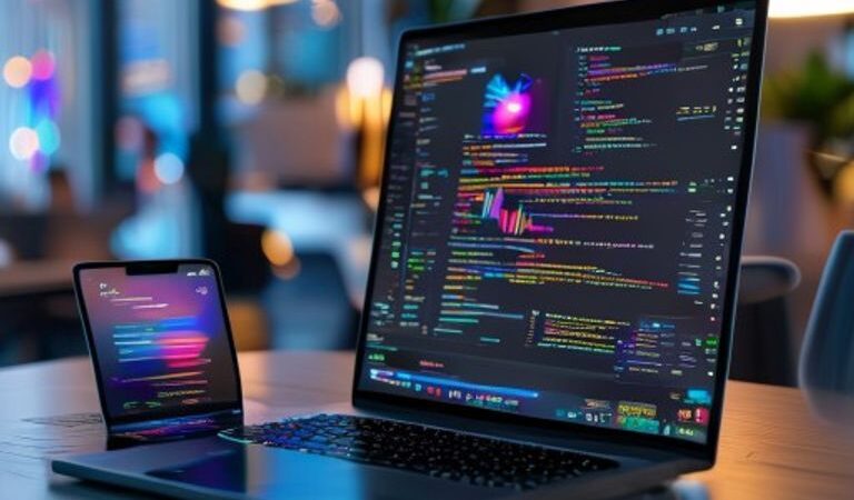 A professional high-tech workspace with a modern laptop showing a complex Flutter application code and a mobile device displaying a sleek, colorful UI design, futuristic atmosphere, soft bokeh lighting, 8k resolution, cinematic setup.
