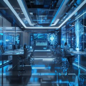A high-tech futuristic corporate office environment showing holographic AI agent interfaces managing complex business data streams, professional lighting, 8k resolution, cinematic style, clean white and blue aesthetics.