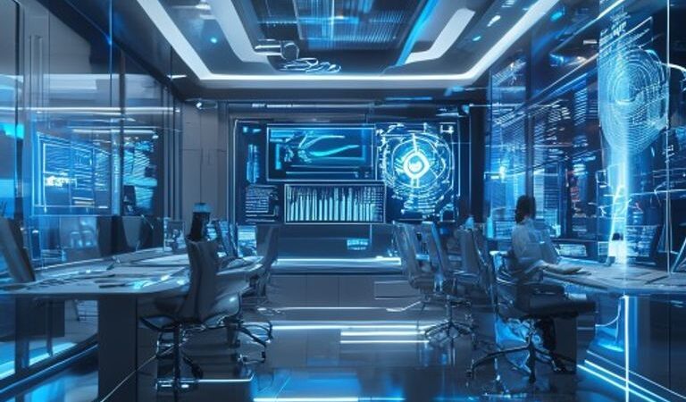 A high-tech futuristic corporate office environment showing holographic AI agent interfaces managing complex business data streams, professional lighting, 8k resolution, cinematic style, clean white and blue aesthetics.