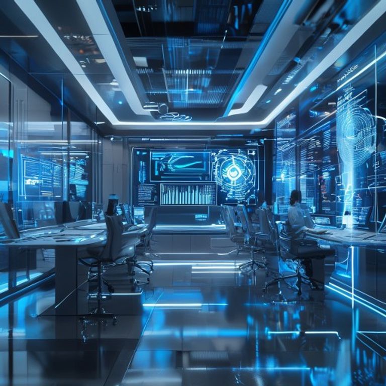 A high-tech futuristic corporate office environment showing holographic AI agent interfaces managing complex business data streams, professional lighting, 8k resolution, cinematic style, clean white and blue aesthetics.