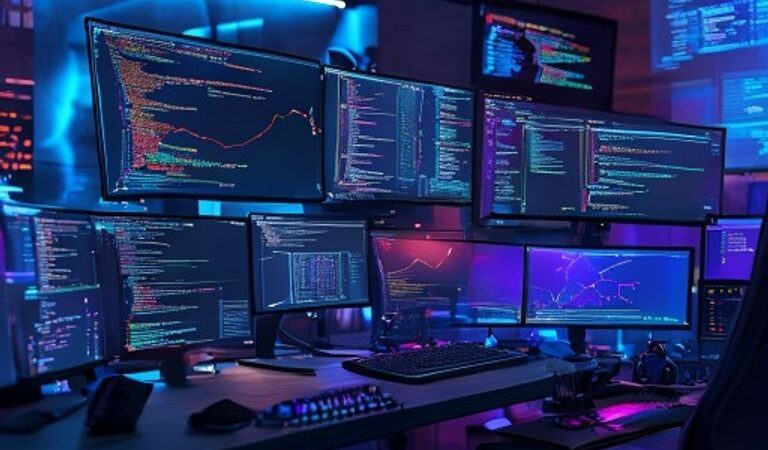 A high-quality, professional cinematic shot of a modern developer's workspace with multiple monitors showing complex code structures and Git branching diagrams, soft ambient blue and purple lighting, 8k resolution, realistic software engineering environment.