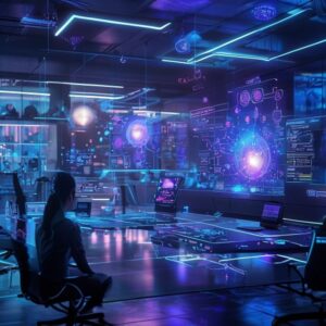 A high-tech, cinematic wide shot of a futuristic digital workspace with holographic interfaces displaying AI agent nodes and neural network connections, soft blue and purple ambient lighting, 8k resolution, professional photography.