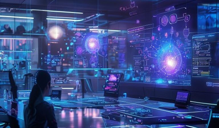 A high-tech, cinematic wide shot of a futuristic digital workspace with holographic interfaces displaying AI agent nodes and neural network connections, soft blue and purple ambient lighting, 8k resolution, professional photography.