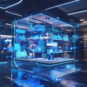 A high-tech, futuristic conceptual image showing a 3D floating digital storefront with holographic AI data analytics, neural networks connecting product categories, ultra-modern aesthetic, soft blue and white lighting, 8k resolution, professional photography.