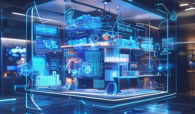 A high-tech, futuristic conceptual image showing a 3D floating digital storefront with holographic AI data analytics, neural networks connecting product categories, ultra-modern aesthetic, soft blue and white lighting, 8k resolution, professional photography.