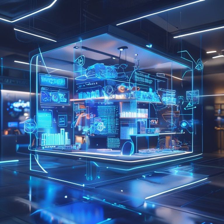 A high-tech, futuristic conceptual image showing a 3D floating digital storefront with holographic AI data analytics, neural networks connecting product categories, ultra-modern aesthetic, soft blue and white lighting, 8k resolution, professional photography.