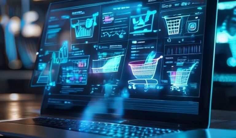 A high-tech, professional cinematic shot of a futuristic e-commerce dashboard on a sleek laptop screen, showing AI data analytics, 3D holograms of shopping carts and customer behavior graphs, soft ambient blue and white lighting, photorealistic, 8k resolution.