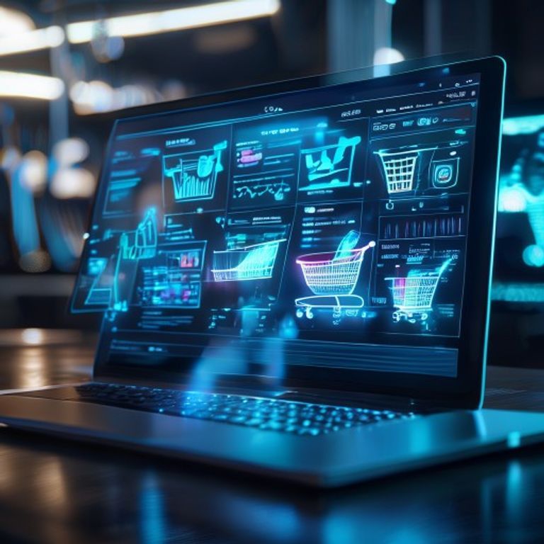 A high-tech, professional cinematic shot of a futuristic e-commerce dashboard on a sleek laptop screen, showing AI data analytics, 3D holograms of shopping carts and customer behavior graphs, soft ambient blue and white lighting, photorealistic, 8k resolution.