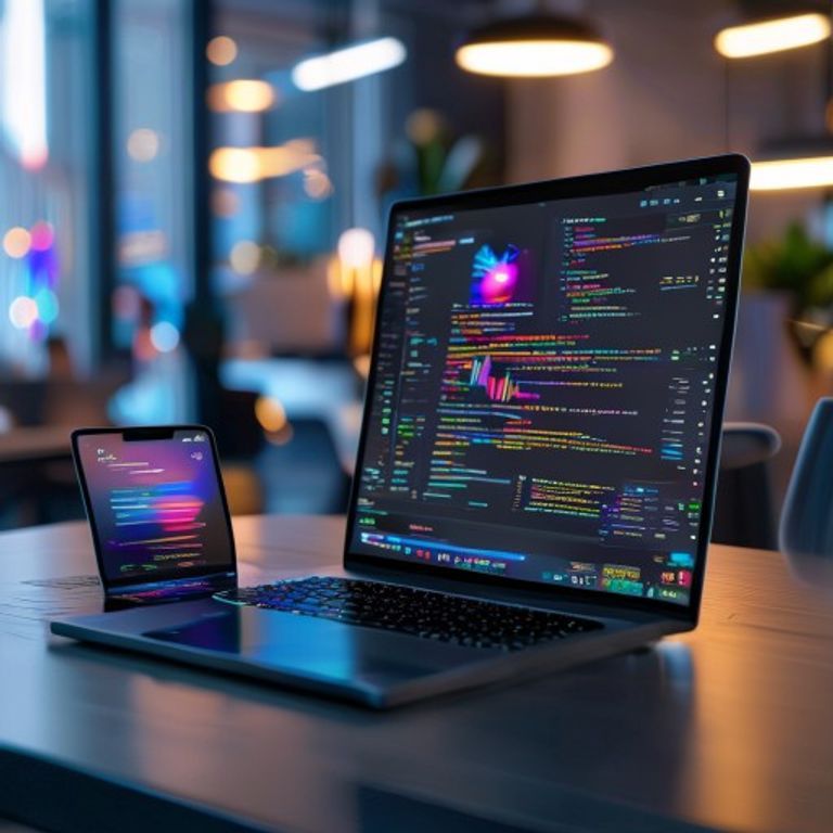 A professional high-tech workspace with a modern laptop showing a complex Flutter application code and a mobile device displaying a sleek, colorful UI design, futuristic atmosphere, soft bokeh lighting, 8k resolution, cinematic setup.