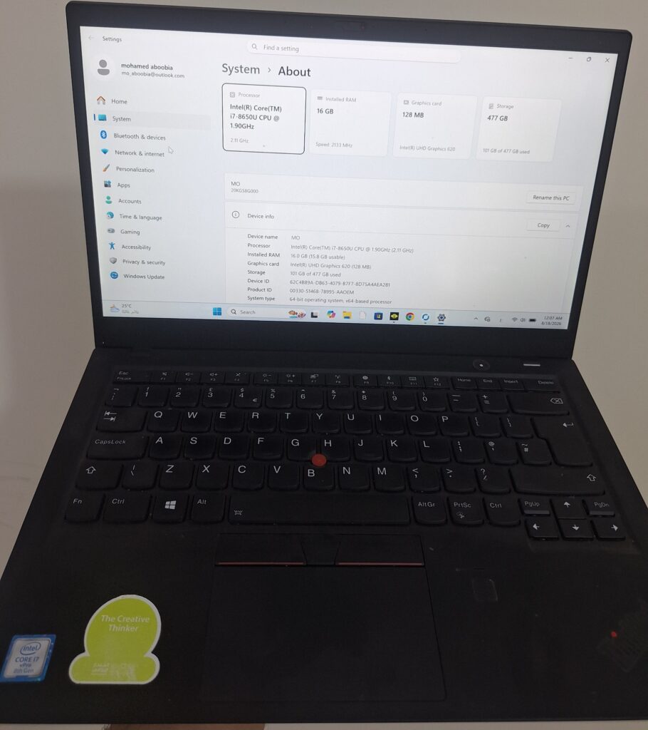 ThinkPad X1 Carbon 6th I7-8650U 1.9 GHZ